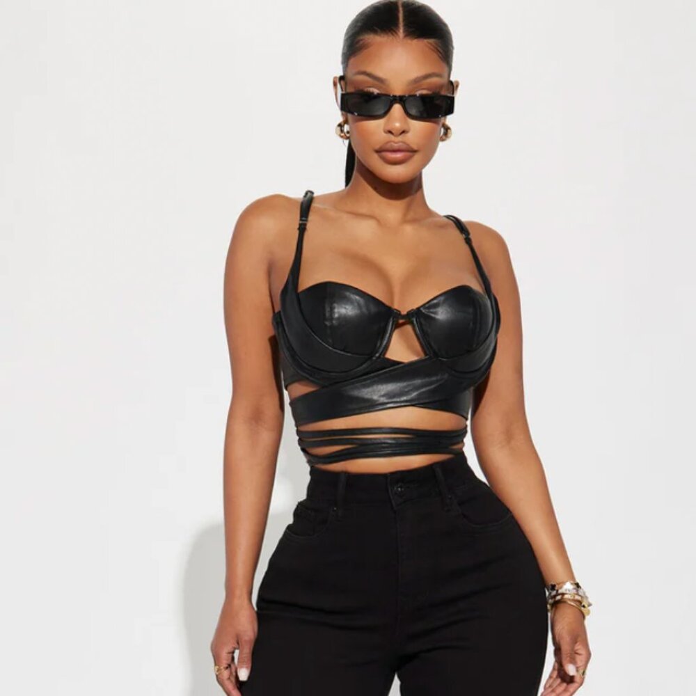 Fashion Nova | Baddie On Duty Faux Leather Top - Black NWT - Picture 2 of 6